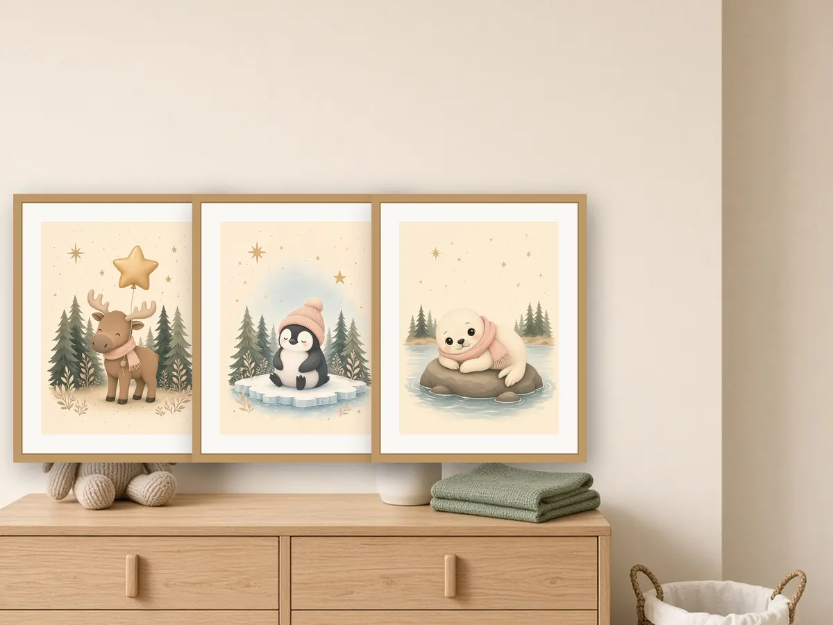 Three Nordic baby animal nursery prints – moose, penguin and seal