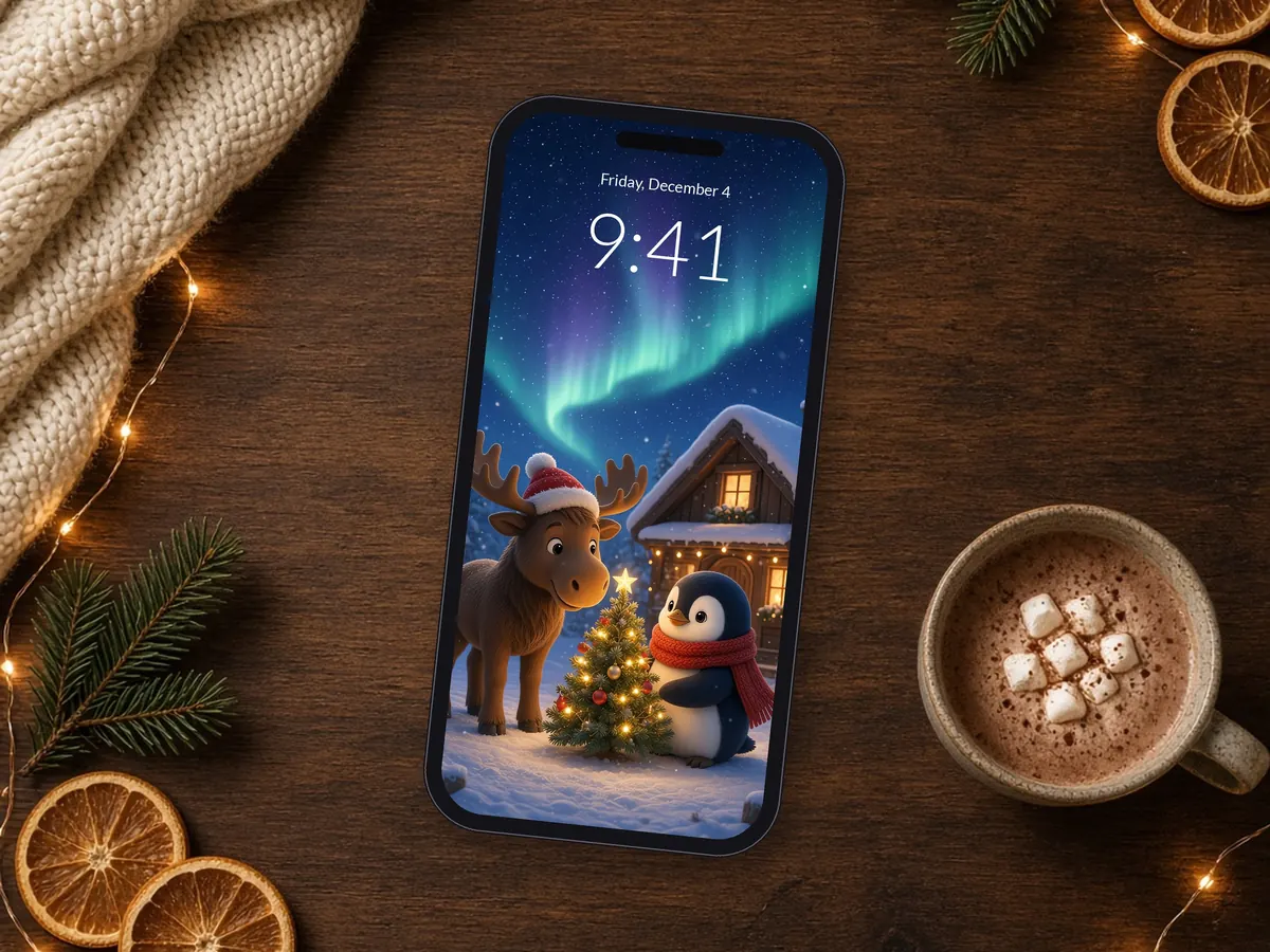 Christmas Moose & Penguin Wallpaper – preview