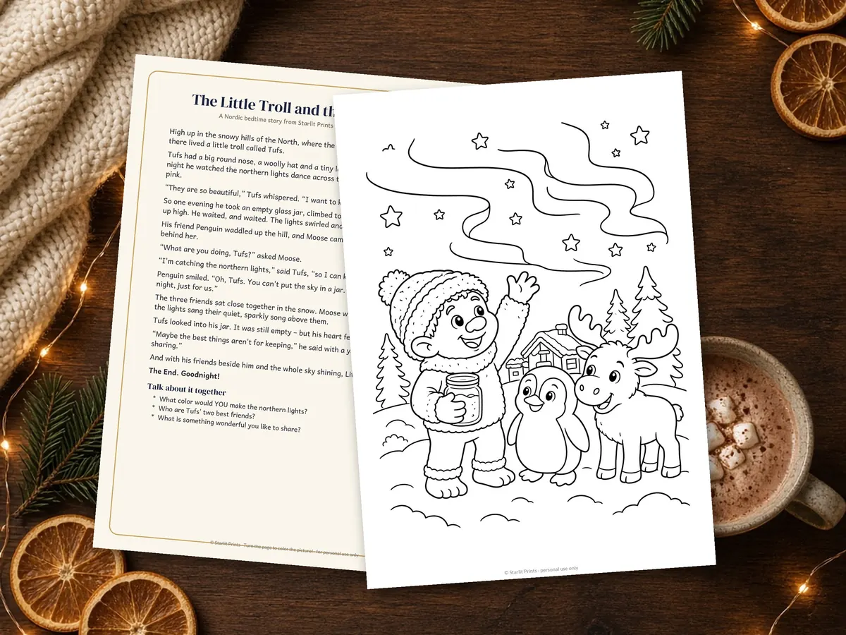 The Little Troll and the Northern Lights – Story + Coloring Page – preview